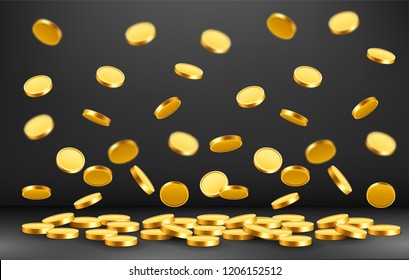 Falling coins, falling money, flying gold coins, golden rain. Jackpot or success concept. Modern background. Vector illustration