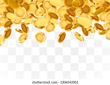 Falling coins, falling money, flying gold coins, golden rain on transparent background. Jackpot or success concept. Vector illustration