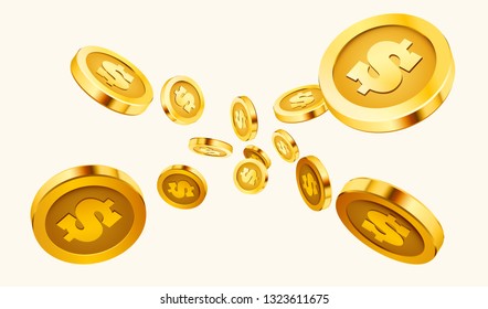 Falling coins, falling money, flying gold coins, golden rain. Jackpot or success concept. Modern background. Vector illustration