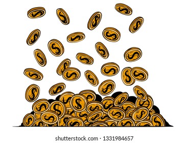 Falling coins, falling money, flying gold coins, golden rain. Jackpot or success concept. Modern background. Vector illustration