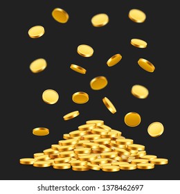 Falling coins, falling money, flying gold coins, golden rain. Jackpot or success concept. Modern background. Vector illustration