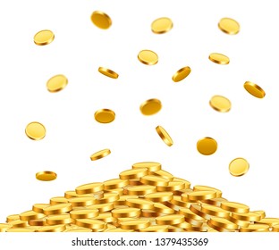 Falling coins, falling money, flying gold coins, golden rain. Jackpot or success concept. Modern background. Vector illustration