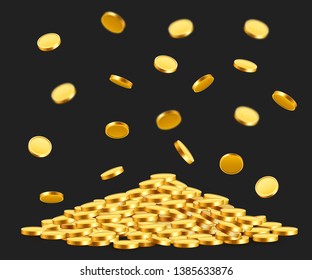 Falling coins, falling money, flying gold coins, golden rain. Jackpot or success concept. Modern background. Vector illustration