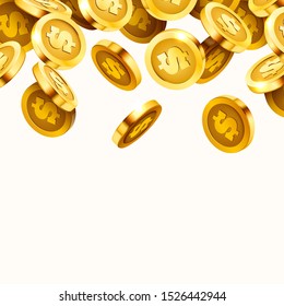 Falling coins, falling money, flying gold coins, golden rain. Jackpot or success concept. Modern background. Vector illustration