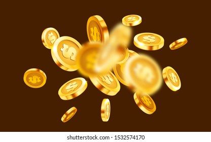 Falling coins, falling money, flying gold coins, golden rain. Jackpot or success concept. Modern background. Vector illustration