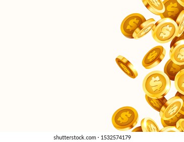 Falling coins, falling money, flying gold coins, golden rain. Jackpot or success concept. Modern background. Vector illustration