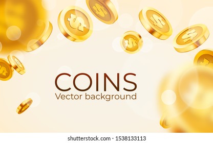 Falling coins, falling money, flying gold coins, golden rain. Jackpot or success concept. Modern background. Vector illustration