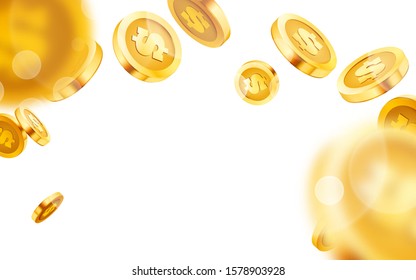 Falling coins, falling money, flying gold coins, golden rain. Jackpot or success concept. Modern background. Vector illustration