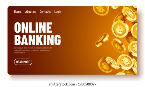 Falling coins, falling money, flying gold coins, golden rain. Jackpot or success concept. Modern background. Online banking landing page template or banner. Vector illustration