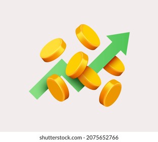 Falling coins, falling money, flying gold coins, golden rain with rising arrow. Profit symbol. Vector illustration