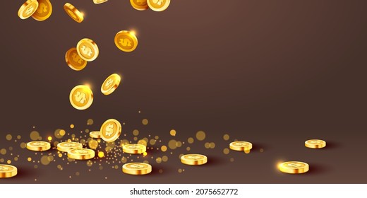 Falling coins, falling money, flying gold coins, golden rain. Jackpot or success concept. Modern background. Vector illustration