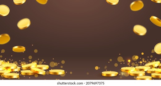 Falling coins, falling money, flying gold coins, golden rain. Jackpot or success concept. Modern background. Vector illustration