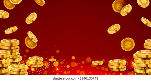Falling coins, falling money, flying gold coins, golden rain. Jackpot or success concept. Modern background. Vector illustration