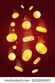 Falling coins, falling money, flying gold coins on purple background., Shining golden rain. Jackpot or success concept. Vector illustration