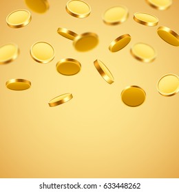 Falling coins, falling money, flying gold coins, golden rain. Jackpot or success concept. Modern background. Vector illustration