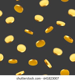 Falling coins, falling money, flying gold coins, golden rain. Jackpot or success concept. Seamless background. Vector illustration