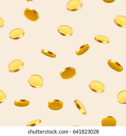 Falling coins, falling money, flying gold coins, golden rain. Jackpot or success concept. Seamless background. Vector illustration