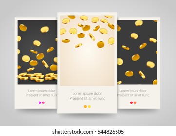 Falling Coins, Falling Money, Flying Gold Coins, Golden Rain. Jackpot Or Success Concept. Modern Background. Poster, Flyer Or Ticket Design. Vector Illustration