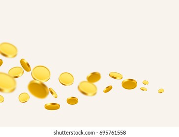 Falling coins, falling money, flying gold coins, golden rain. Jackpot or success concept. Modern background. Vector illustration