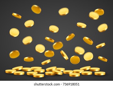 Falling coins, falling money, flying gold coins, golden rain. Jackpot or success concept. Modern background. Vector illustration