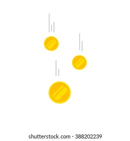 Falling coins money vector illustration, flying gold coins with gray track, coins dropping abstract golden rain concept modern flat cartoon design isolated on white background