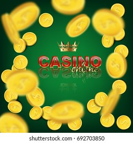 Falling coins on green background with Casino online text. Vector casino background.