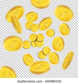 Falling coins on transparent background. Vector illustration.