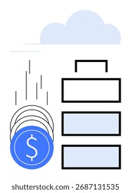 Monedas cayendo apiladas cerca de una maleta y una nube. Ideal para finanzas, banca, ahorro, inversión, crecimiento, gestión de patrimonios y tendencias económicas. Línea metáfora. Línea metáfora. Iconos de línea simples