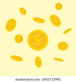 Falling coins vector Illustration isolated on yellow