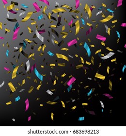 Falling color confetti on dark background. Vector holiday illustration.