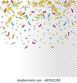 Falling color confetti on transparent background. Vector holiday illustration.