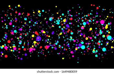 Falling color dots on dark background. Fun pattern. Vector illustration. Abstract bright colored dotted circles. Eps10.