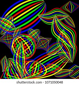 Falling color figures. Concept background with color striped figures for card or poster. Background with falling colorful geometric figures for your design. Vector texture.
