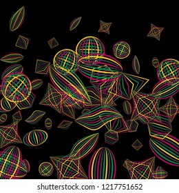 Falling color figures. Concept background with color striped figures for card or poster. Background with falling colorful geometric figures for your design. Vector texture.