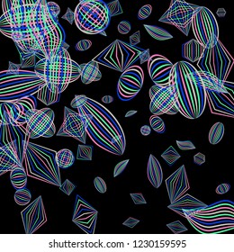 Falling color figures. Concept background with color striped figures for card or poster. Background with falling colorful geometric figures for your design. Vector texture.