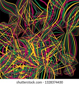 Falling color figures. Concept background with color striped figures for card or poster. Background with falling colorful geometric figures for your design. Vector texture.