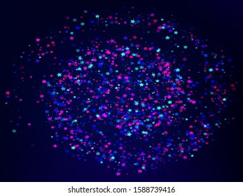 Falling color stars. Random design elements. Vector illustration. EPS10. Blue and red festive, luxury, bright, chaotic confetti background on dark.