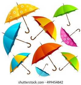 Falling Color Umbrellas Background. Free Fly in the Air. Vector illustration of Parasol Fabric multicolor fly Pattern