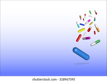 Falling colored capsules of drugs.  The lowest is the biggest capsule in blue. All is on the white and blue gradient background. Free place for your text is in the left side of the vector. 