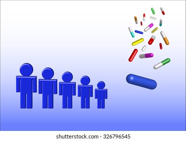 Falling colored capsules of drugs are in the right side of the vector. The lowest is the biggest capsule in blue. On the left side are blue characters showing the decrease in consumption of drugs.