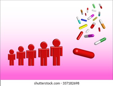 Falling colored capsules of drugs are in the right side of the vector. The lowest is the biggest capsule in red.  On the left side are red characters showing the growth in consumption of drugs.