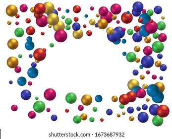 Falling colored festive 3d balls. Fresh element of your design. Vector illustration backdrop. Colorful festive luxury bright chaotic confetti background on white.