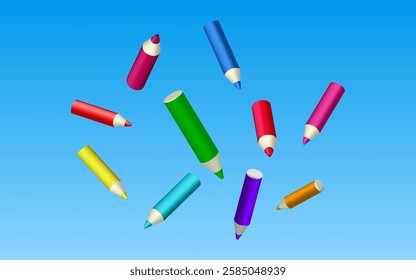 Falling colored pencils. 3D realistic vector objects