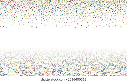 Falling colorful bright and lying on the floor confetti with free space in the center isolated on light background. Vector illustration.