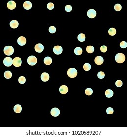 Falling colorful confetti background. Simple Pattern of Gradient Colored Circles on  Black Backdrop. Bright background with scattered confetti. Colored postcard.