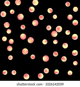 Falling colorful confetti background. Simple Pattern of Gradient Colored Circles on  Black Backdrop. Bright background with scattered confetti. Colored postcard.