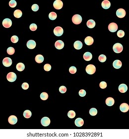 Falling colorful confetti background. Simple Pattern of Gradient Colored Circles on  Black Backdrop. Bright background with scattered confetti. Colored postcard.