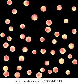 Falling colorful confetti background. Simple Pattern of Gradient Colored Circles on  Black Backdrop. Bright background with scattered confetti. Colored postcard.
