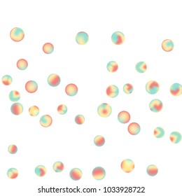 Falling colorful confetti background. Simple Pattern of Gradient Colored Circles on  White Background. Bright background with scattered confetti. Colored postcard.