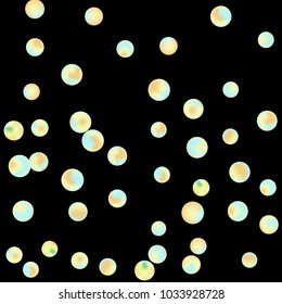 Falling colorful confetti background. Simple Pattern of Gradient Colored Circles on  Black Background. Bright background with scattered confetti. Colored postcard.